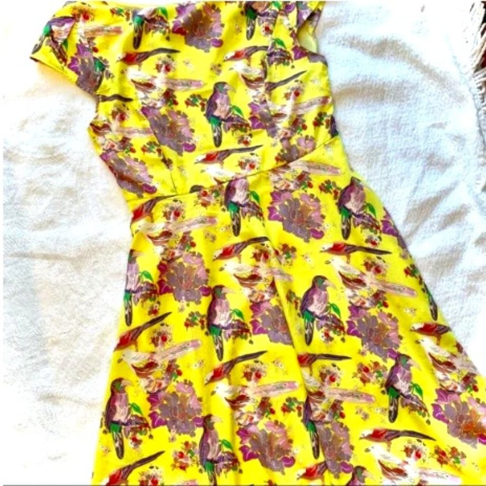 Sophia Chrome Yellow Bird Print Dress, S